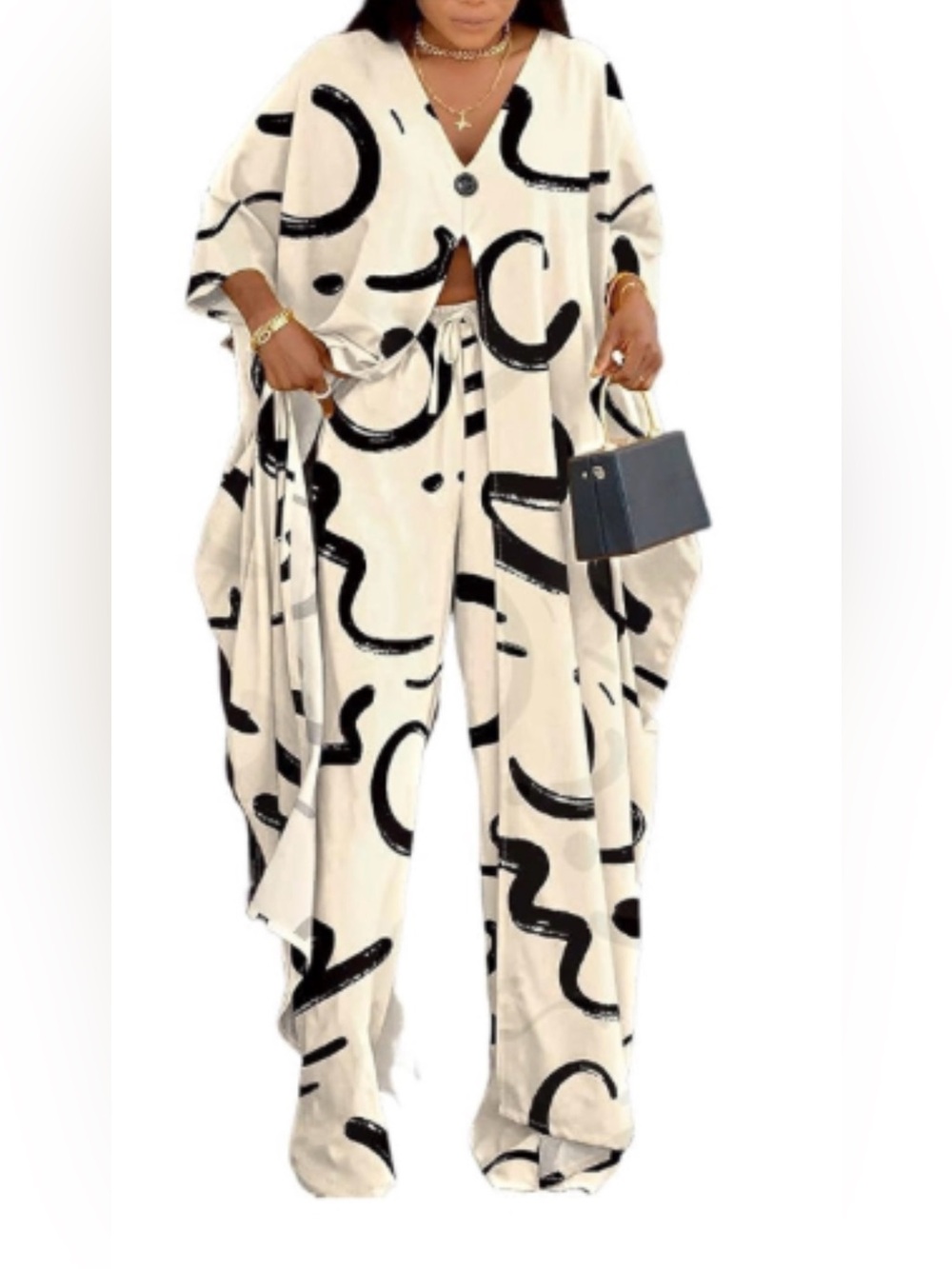 Elegant Abstract-Print Wide Leg Jumpsuit - Cream & Black
